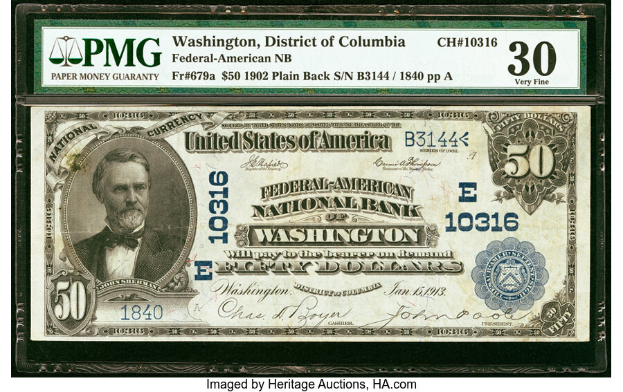 image for: Washington, DC - $50 1902 Plain Back Fr. 679a Federal-American National Bank Ch. # (E)10316 PMG Very Fine 30....
