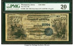 image for: Thompson, IA - $50 1882 Date Back Fr. 560 The First National Bank Ch. # (M)5054 PMG Very Fine 20....
