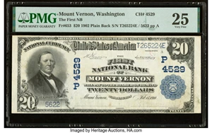 image for: Mount Vernon, WA - $20 1902 Plain Back Fr. 653 The First National Bank Ch. # (P)4529 PMG Very Fine 25....