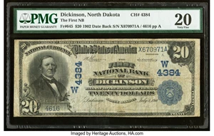 image for: Dickinson, ND - $20 1902 Date Back Fr. 645 The First National Bank Ch. # (W)4384 PMG Very Fine 20....