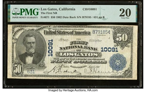 image for: Los Gatos, CA - $50 1902 Date Back Fr. 671 The First National Bank Ch. # 10091 PMG Very Fine 20....