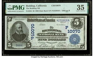 image for: Redding, CA - $5 1902 Date Back Fr. 594 The Redding National Bank Ch. # (P)10070 PMG Choice Very Fine 35....