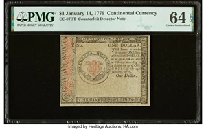 image for: Continental Currency January 14, 1779 $1 Counterfeit Detector PMG Choice Uncirculated 64 EPQ....