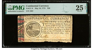 image for: Continental Currency May 10, 1775 $20 PMG Very Fine 25 Net....