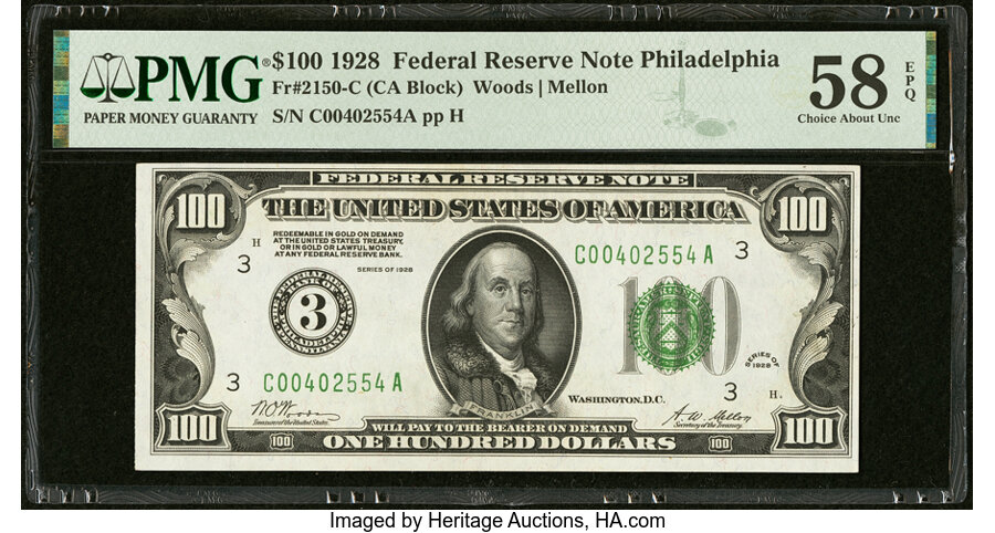 image for: Fr. 2150-C $100 1928 Federal Reserve Note. PMG Choice About Unc 58 EPQ....