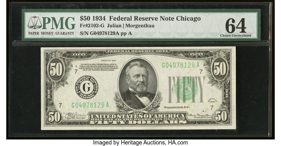 image for: Fr. 2102-G $50 1934 Federal Reserve Note. PMG Choice Uncirculated 64....