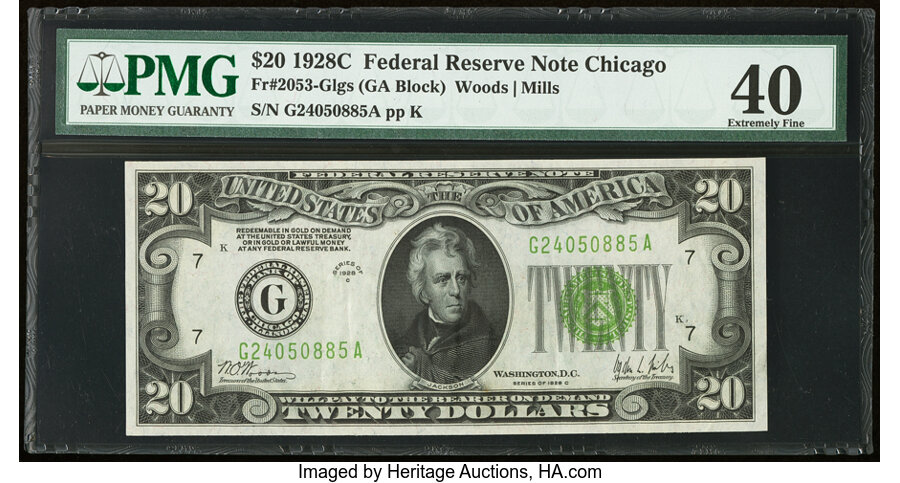 image for: Fr. 2053-G $20 1928C Light Green Seal Federal Reserve Note. PMG Extremely Fine 40....