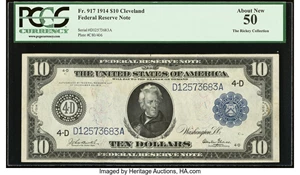 image for: Fr. 917 $10 1914 Federal Reserve Note PCGS About New 50....