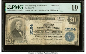 image for: Healdsburg, CA - $20 1902 Plain Back Fr. 654 The First National Bank Ch. # 10184 PMG Very Good 10....
