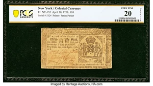 image for: New York April 20, 1756 £10 PCGS Banknote Very Fine 20 Details....