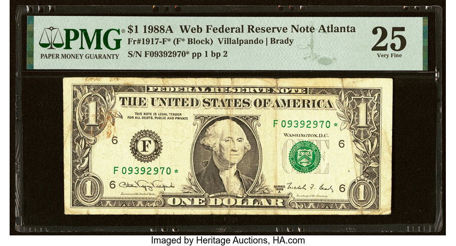 image for: Fr. 1917-F* $1 1988A Web Press Experimental Federal Reserve Star Note. PMG Very Fine 25....