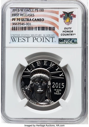 image for: 2015-W $100 One-Ounce Platinum Eagle, First Releases PR70 Ultra Cameo NGC. United States West Point Military Academy. NGC C...
