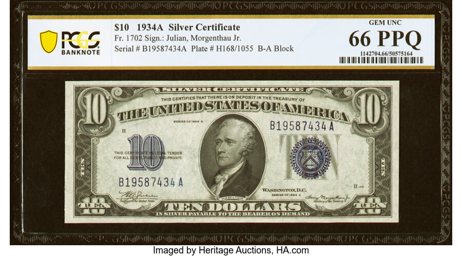 image for: Fr. 1702 $10 1934A Silver Certificate. PCGS Banknote Gem Unc 66 PPQ....