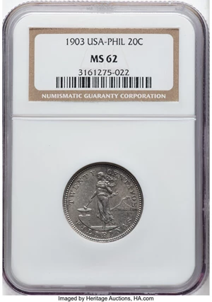 image for: 1903 20C Philippines 20 Centavos MS62 NGC. NGC Census: (0/0)....