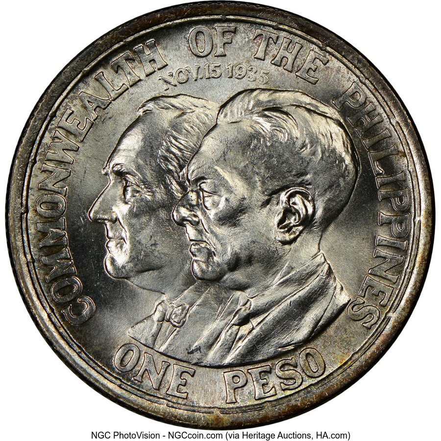 image for: 1936-M  Philippines Peso, Roosevelt and Quezon, MS65 NGC.  ...