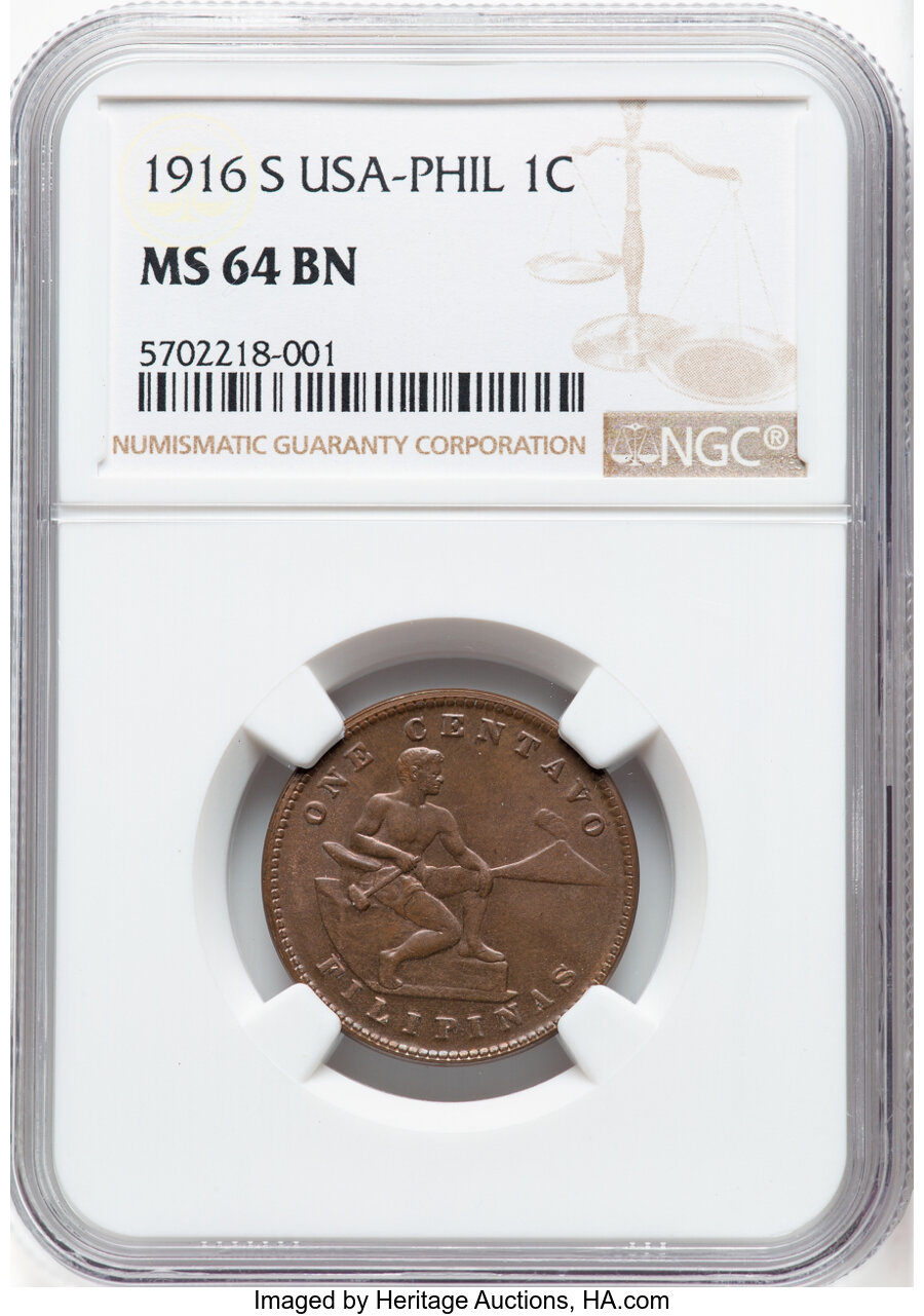 image for: 1916-S 1C Philippines Centavos MS64 Brown NGC. NGC Census: (0/0)....
