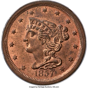 image for: 1857 1/2 C C-1, B-1, R.2, MS63 Red PCGS. CAC....