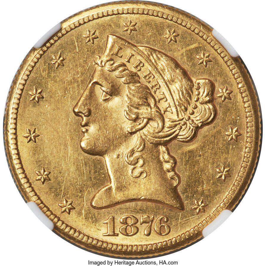 image for: 1876-CC $5 AU58 NGC. Winter 1-A....