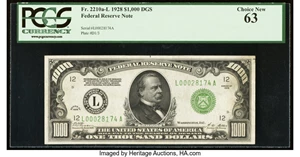 image for: Fr. 2210-L $1,000 1928 Federal Reserve Note. PCGS Choice New 63....