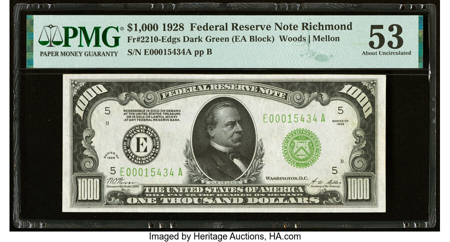 image for: Fr. 2210-E $1,000 1928 Federal Reserve Note. PMG About Uncirculated 53....