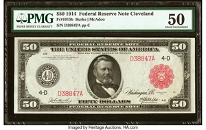 image for: Fr. 1015b $50 1914 Red Seal Federal Reserve Note PMG About Uncirculated 50....