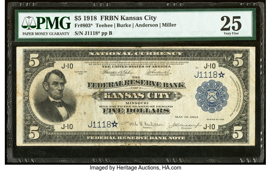 image for: Fr. 803* $5 1918 Federal Reserve Bank Star Note PMG Very Fine 25....