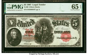 image for: Fr. 89 $5 1907 Legal Tender PMG Gem Uncirculated 65 EPQ....