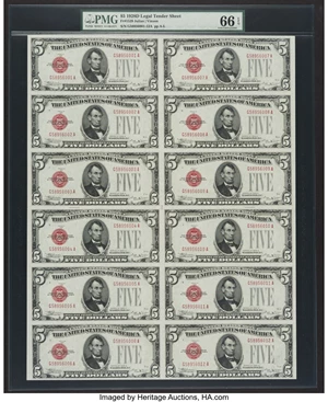 image for: Fr. 1529 $5 1928D Legal Tender Notes. Uncut Sheet of 12. PMG Gem Uncirculated 66 EPQ....