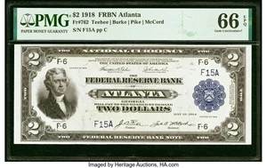 image for: Fr. 762 $2 1918 Federal Reserve Bank Note PMG Gem Uncirculated 66 EPQ....