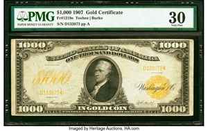 image for: Fr. 1219e $1,000 1907 Gold Certificate PMG Very Fine 30....