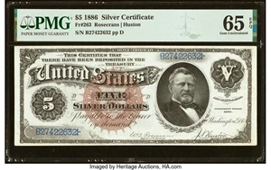 image for: Fr. 263 $5 1886 Silver Certificate PMG Gem Uncirculated 65 EPQ....