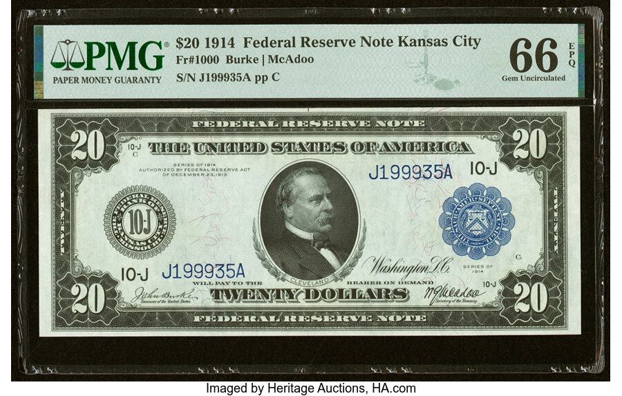 image for: Fr. 1000 $20 1914 Federal Reserve Note PMG Gem Uncirculated 66 EPQ....