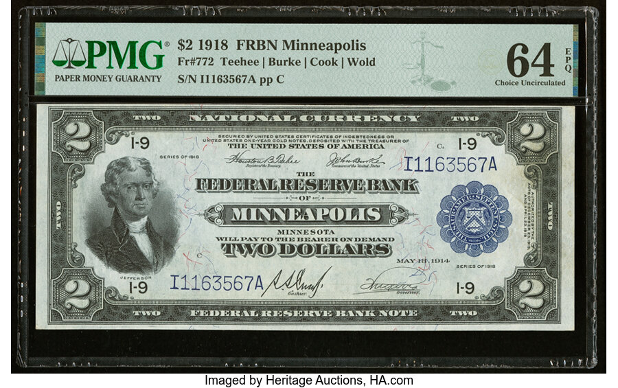 image for: Fr. 772 $2 1918 Federal Reserve Bank Note PMG Choice Uncirculated 64 EPQ....