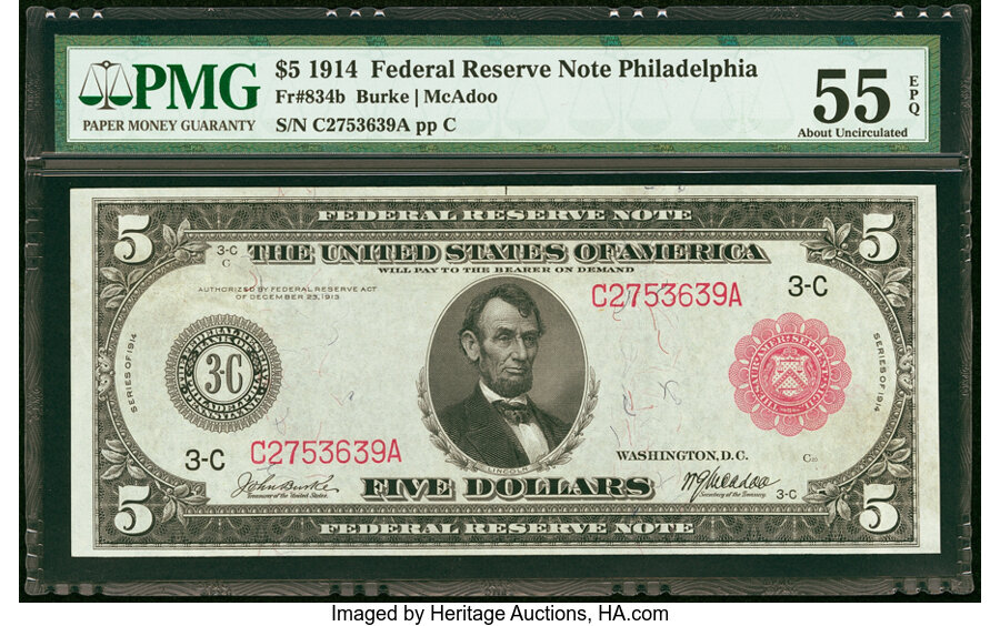 image for: Fr. 834b $5 1914 Red Seal Federal Reserve Note PMG About Uncirculated 55 EPQ....