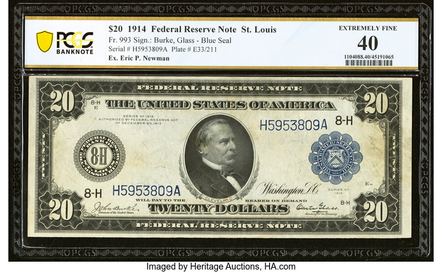 image for: Fr. 993 $20 1914 Federal Reserve Note PCGS Banknote Extremely Fine 40....