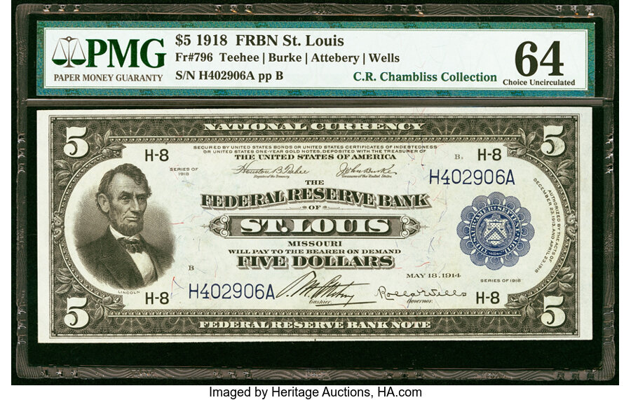 image for: Fr. 796 $5 1918 Federal Reserve Bank Note PMG Choice Uncirculated 64....