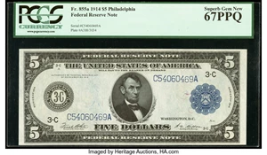 image for: Fr. 855a $5 1914 Federal Reserve Note PCGS Superb Gem New 67PPQ....