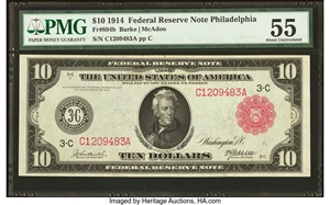 image for: Fr. 894b $10 1914 Red Seal Federal Reserve Note PMG About Uncirculated 55....