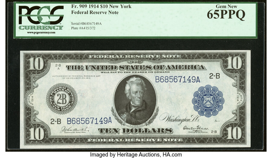 image for: Fr. 909 $10 1914 Federal Reserve Note PCGS Gem New 65PPQ....