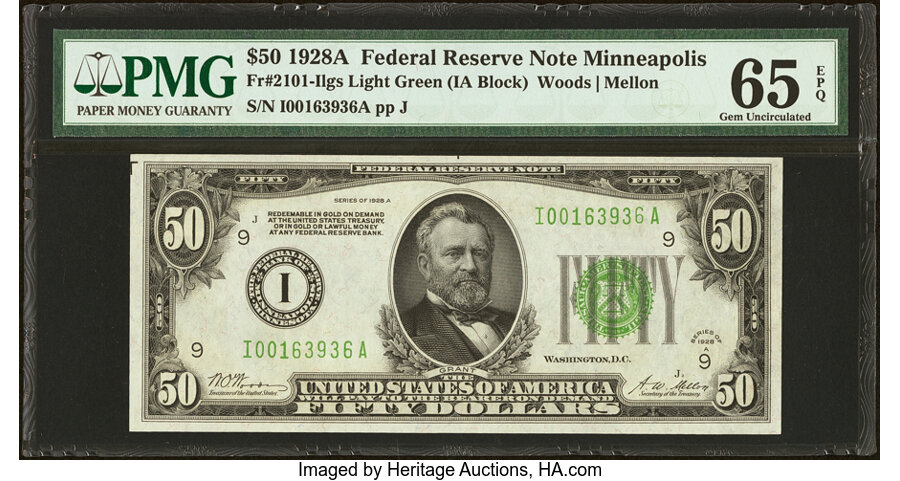 image for: Fr. 2101-I $50 1928A Light Green Seal Federal Reserve Note. PMG Gem Uncirculated 65 EPQ....