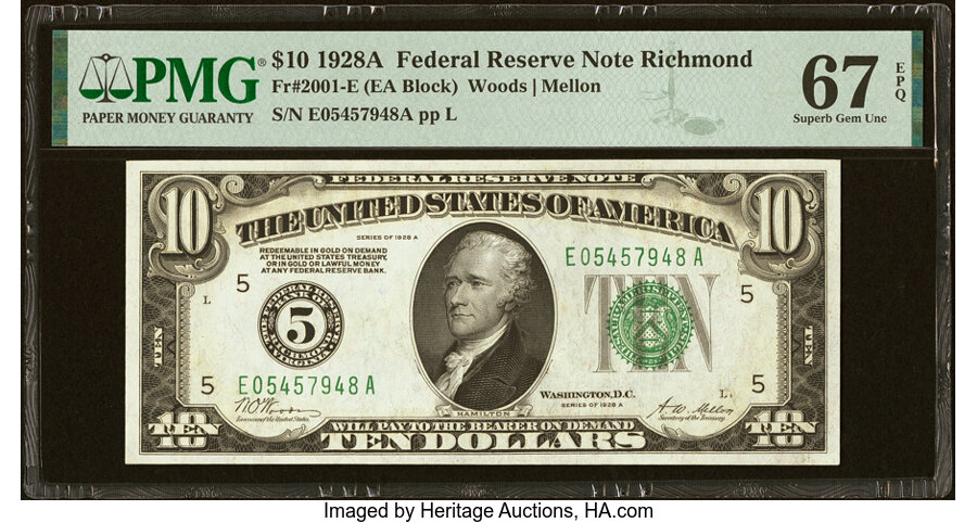 image for: Fr. 2001-E $10 1928A Federal Reserve Note. PMG Superb Gem Unc 67 EPQ....