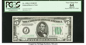 image for: Fr. 1958-J $5 1934B Federal Reserve Note. PCGS Apparent Very Choice New 64....