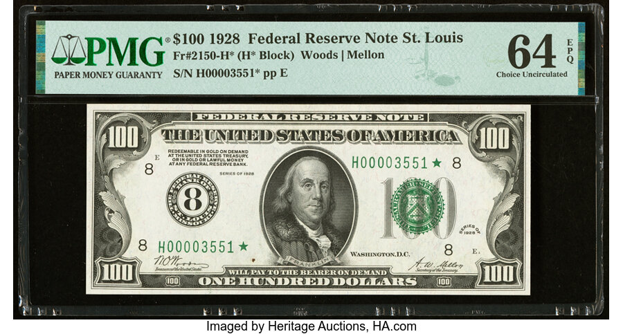 image for: Fr. 2150-H* $100 1928 Federal Reserve Star Note. PMG Choice Uncirculated 64 EPQ....