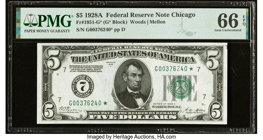 image for: Fr. 1951-G* $5 1928A Federal Reserve Star Note. PMG Gem Uncirculated 66 EPQ....
