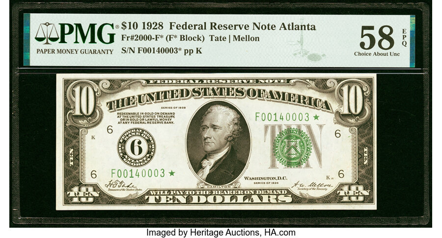 image for: Fr. 2000-F* $10 1928 Federal Reserve Star Note. PMG Choice About Unc 58 EPQ....