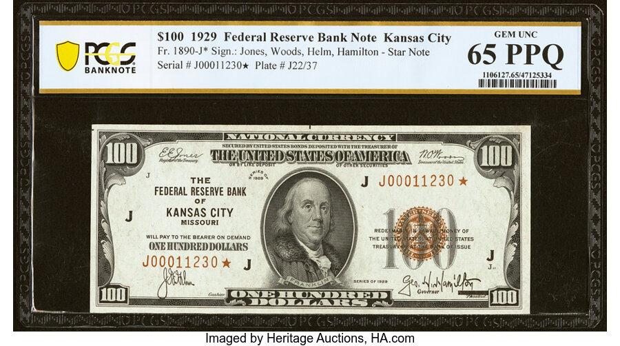 image for: Fr. 1890-J* $100 1929 Federal Reserve Bank Note. PCGS Banknote Gem Unc 65 PPQ....