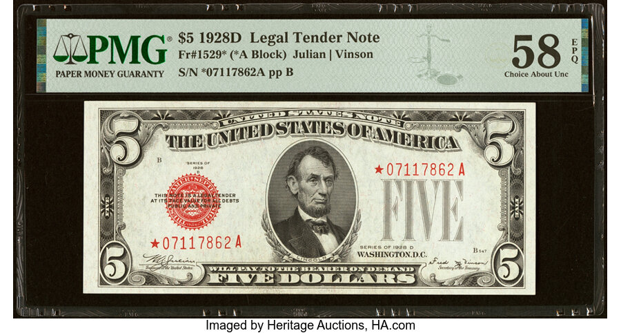 image for: Fr. 1529* $5 1928D Legal Tender Star Note. PMG Choice About Unc 58 EPQ....