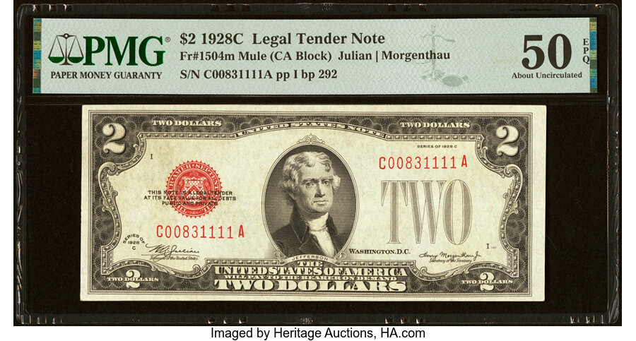image for: Fr. 1504 $2 1928C Mule Legal Tender Note. PMG About Uncirculated 50 EPQ....