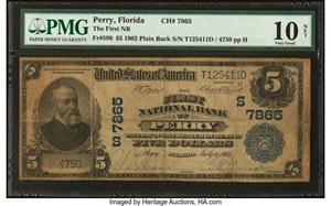 image for: Perry, FL - $5 1902 Plain Back Fr. 599 The First National Bank Ch. # (S)7865 PMG Very Good 10 Net....