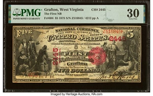 image for: Grafton, WV - $5 1875 Fr. 404 The First National Bank Ch. # 2445 PMG Very Fine 30....